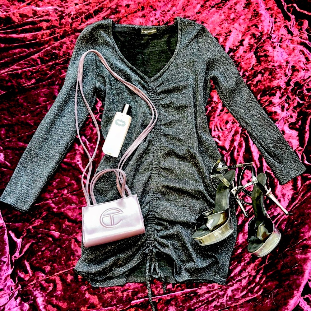 “Almost Famous” ruched front, sparkly dress, plus size